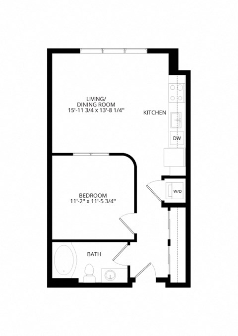 Floor plan for 1 bed, 1 bath, 626 sqft